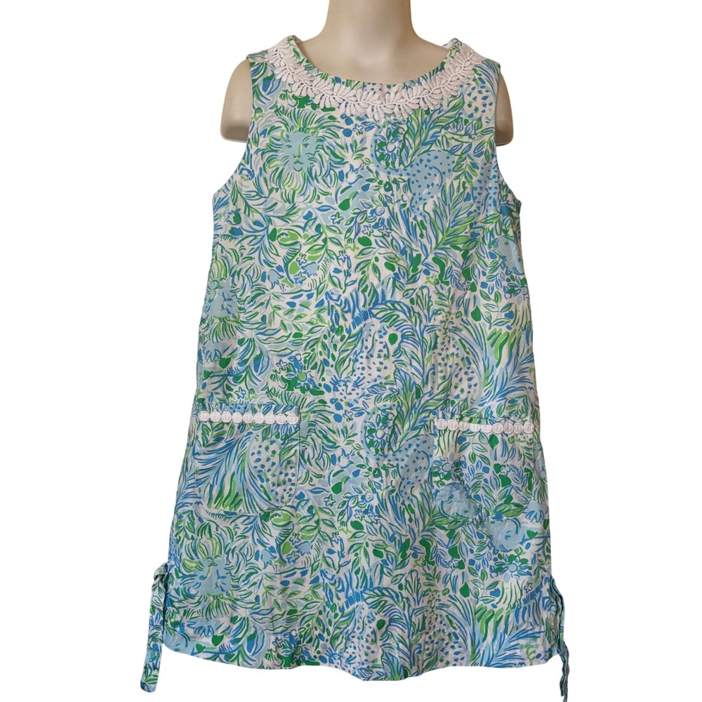 Lilly Pulitzer Girls Little Lilly‎ Classic Shift Dress 10 Green Blue Leaf Print